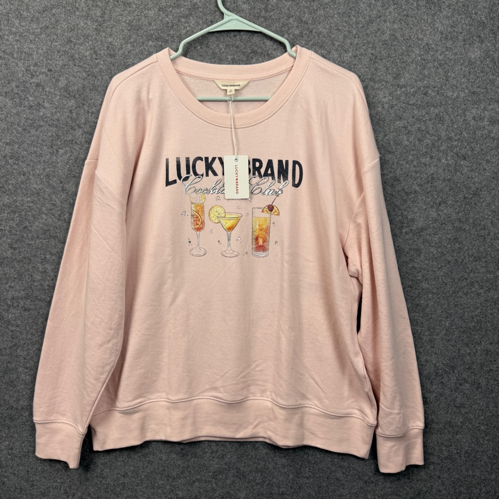 Lucky Brand Womens Cocktail Club Graphic Sweatshirt Light Pink Xl Nwt 6rz670